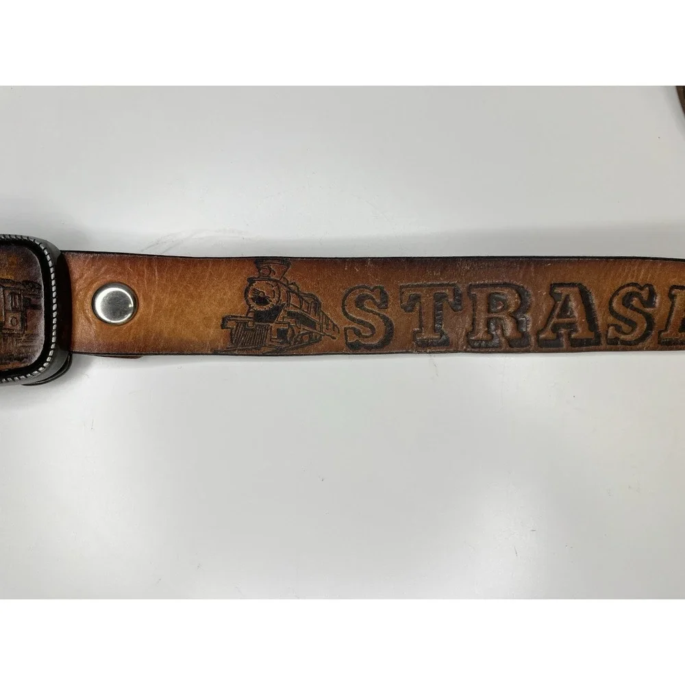 Vintage Tooled Leather Strasburg Pa Train Belt 36 - 42 Buckle USA‎